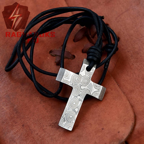 Courageous Spirit Raindrop Damascus Steel Cross Charm Necklace – Religious Unisex Hand Forged Pendant w/ Leather Adjustable Cord