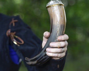 Pure Brass Rim Drinking Horn Vessel Canvas Bag Included