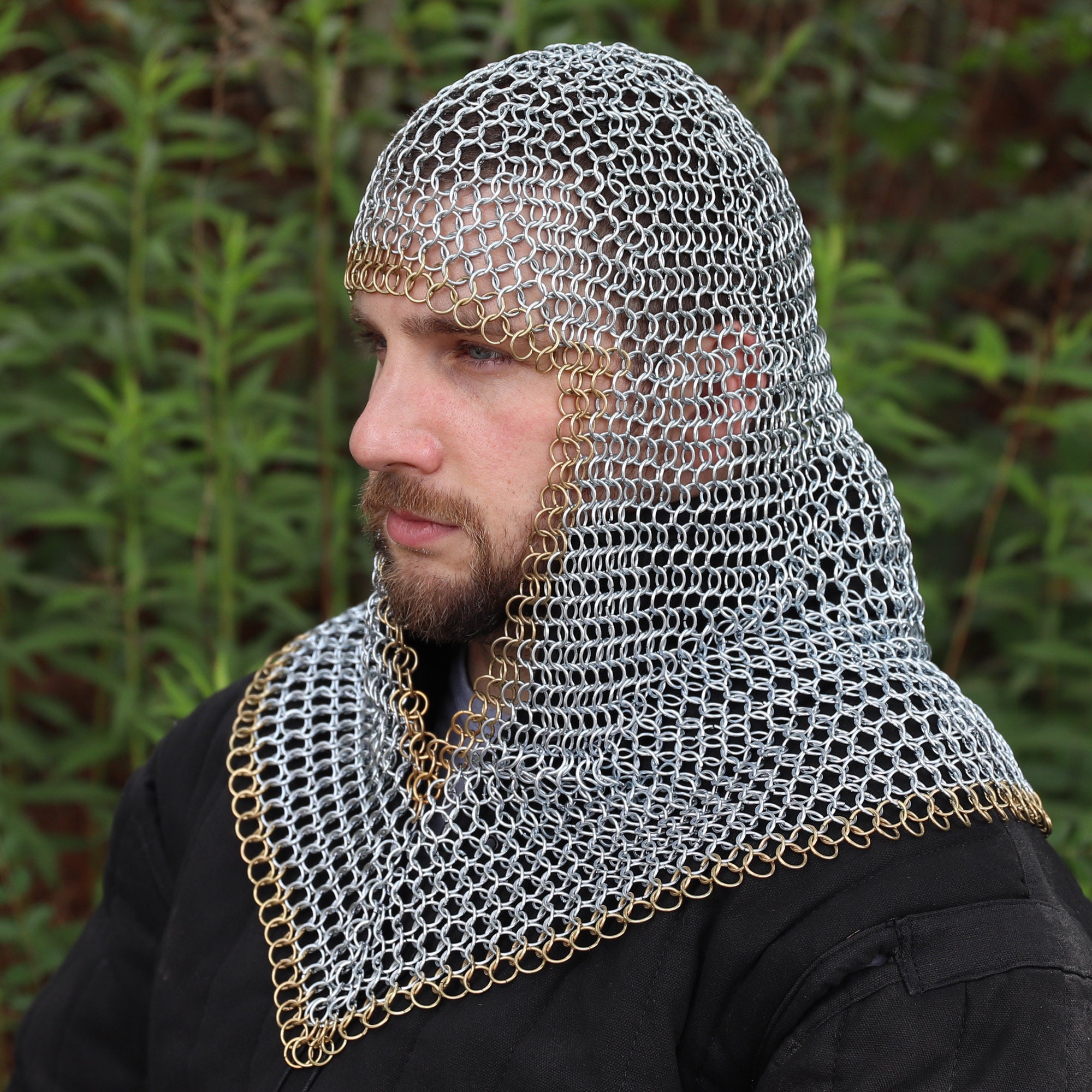 Medieval V Brass Face Mild Steel Chainmail Coif Armor