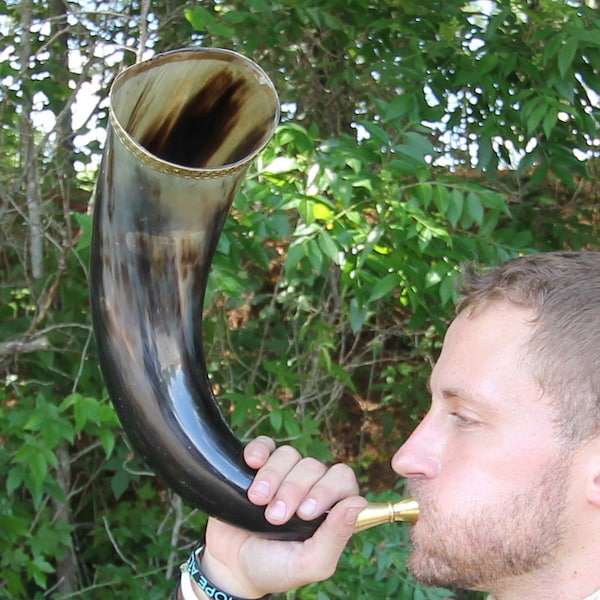 Norse Medieval Trumpet Bugle Horn - Brass Rimmed All Natural Bovine Functional Reenactment Viking Gjallarhorn w/ Brass Mouthpiece