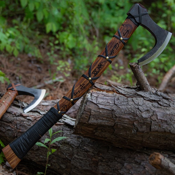 Falling Darkness Viking Bearded Axe | Hand Forged Celtic Hand Engraved Runes Black Leather Crossed Functional Outdoor Norse Skeggøx