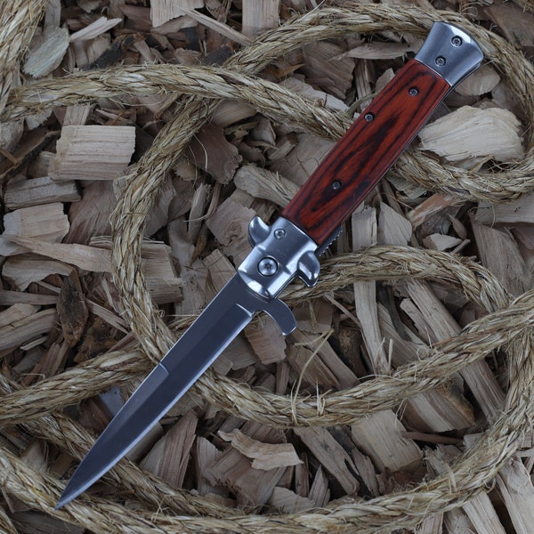 Last to Fall Hand Forged EDC Stiletto Style Pocket Knife - Camping Gear Outdoor Knife - Redwood Handle | Hiking Accessories Hunting Knife