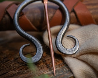 Hand Forged Penannular Brooch - Elegant Medieval Renaissance Inspired Celtic Cloak Pin - Damascus Steel Ring w/ Copper Pin