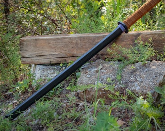 Prophesized Duel Wooden Sword | Black Bokken Training Sheesham Wood Katana with Tan Genuine Leather Handle Wrap