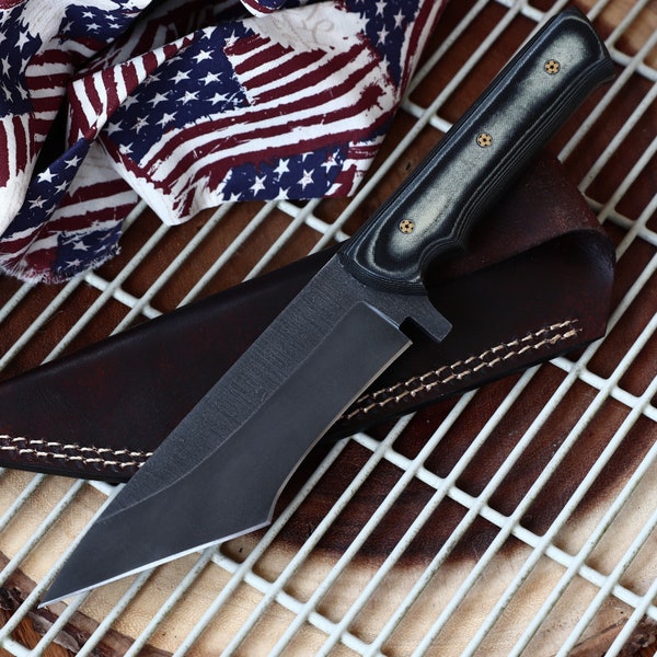 Knowledge & Headway Hunting Knife | Fusion Tanto 440c Stainless Steel Full Tang G10 Handle w/ Genuine Leather Sheath