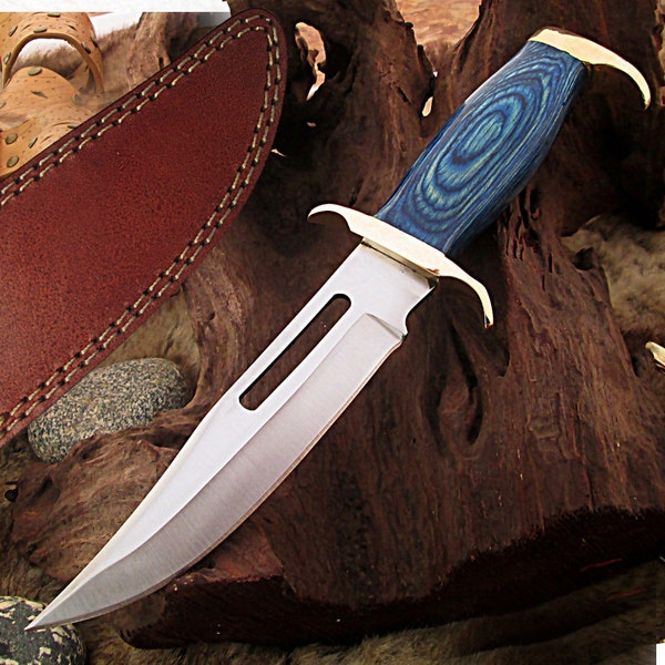 Lapis Lazuli Fixed Blade Hunting Knife - Clip Point Outdoor Knife with Hand Tooled Leather Sheath