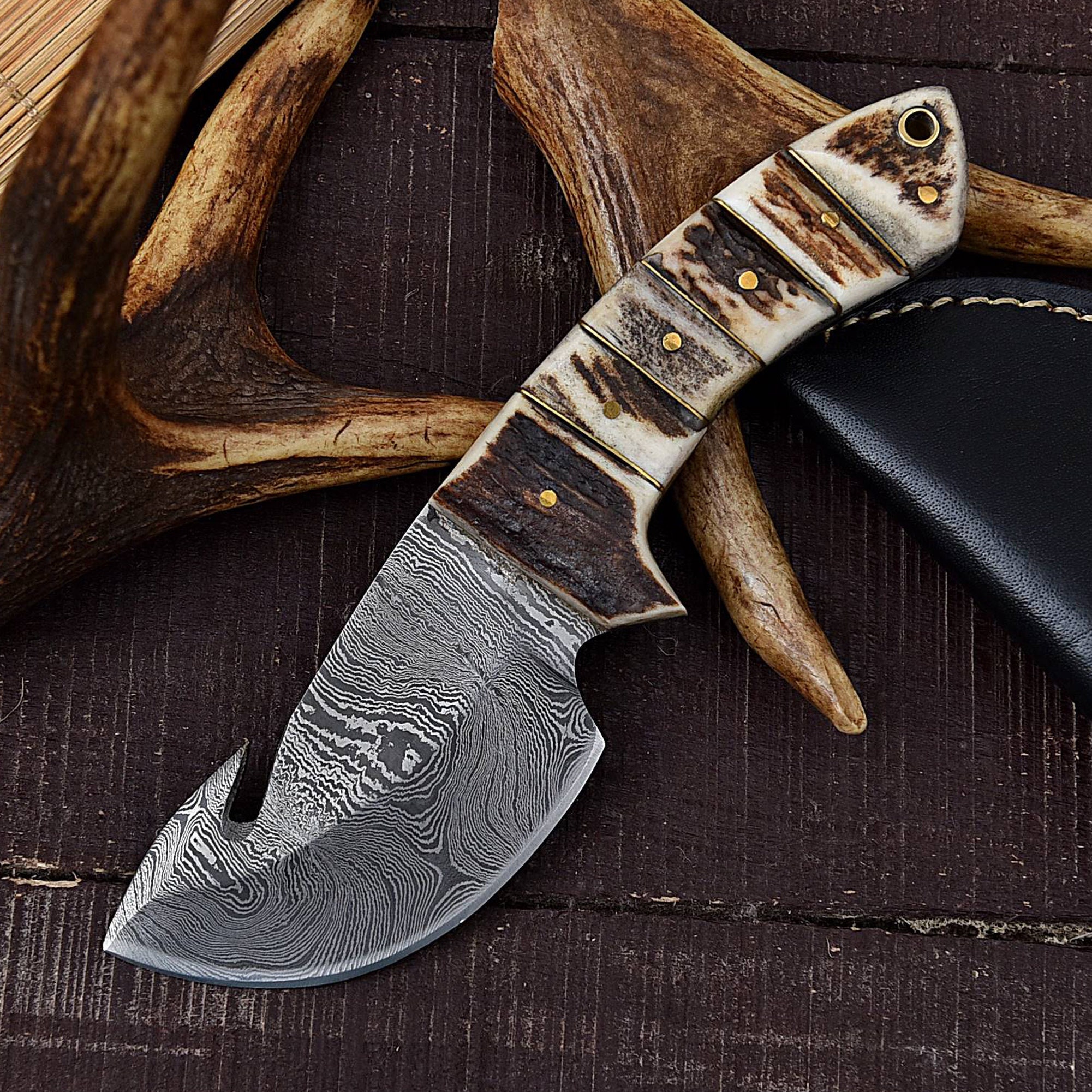 Heritage Damascus Steel Outdoor Knife Full Tang Gut Hook Etsy