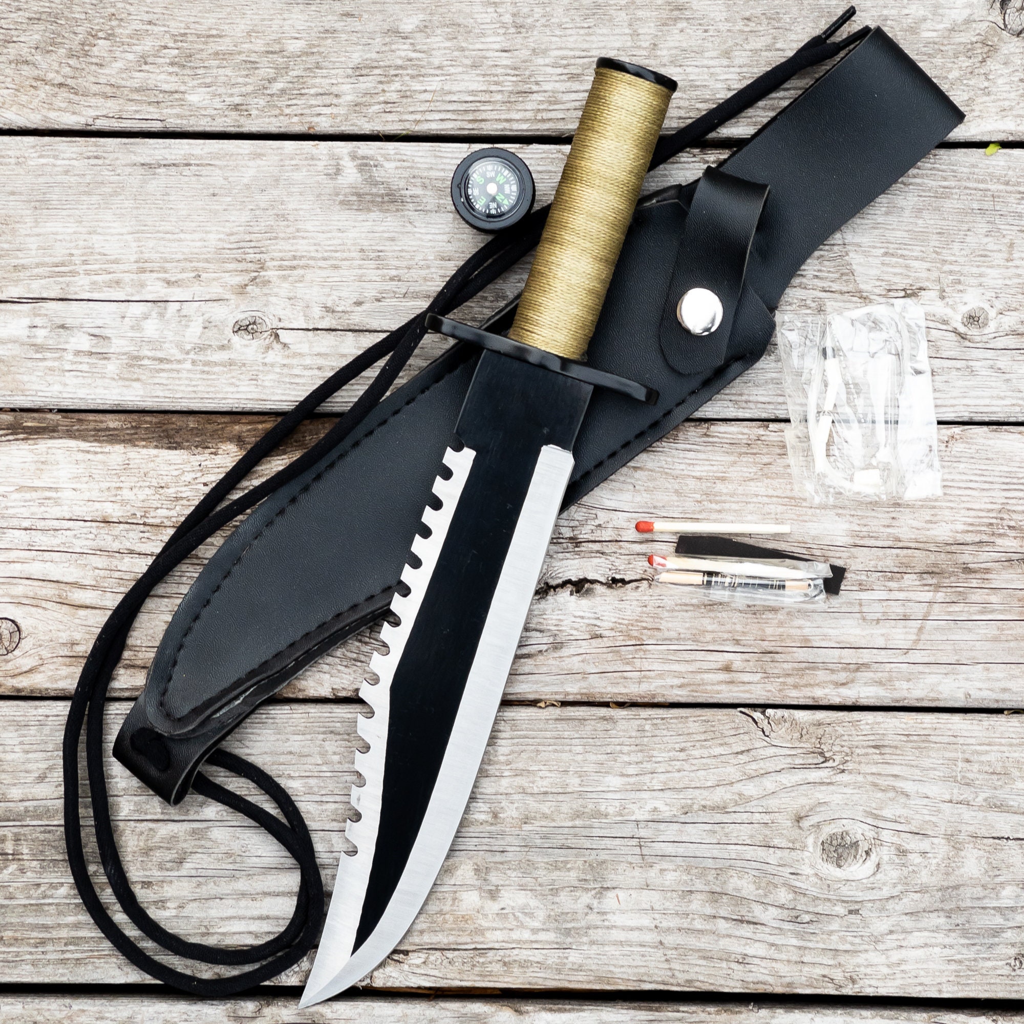 Survival Knife Hunting, 8-Inch Blade, Sheath, Compass 14087
