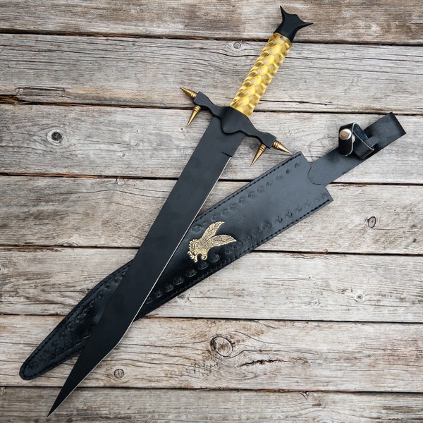 Hawk Claw Decorative Sword - Hand Crafted Anodized Black Stainless Steel Tanto Style Display Sword with Leather Sheath