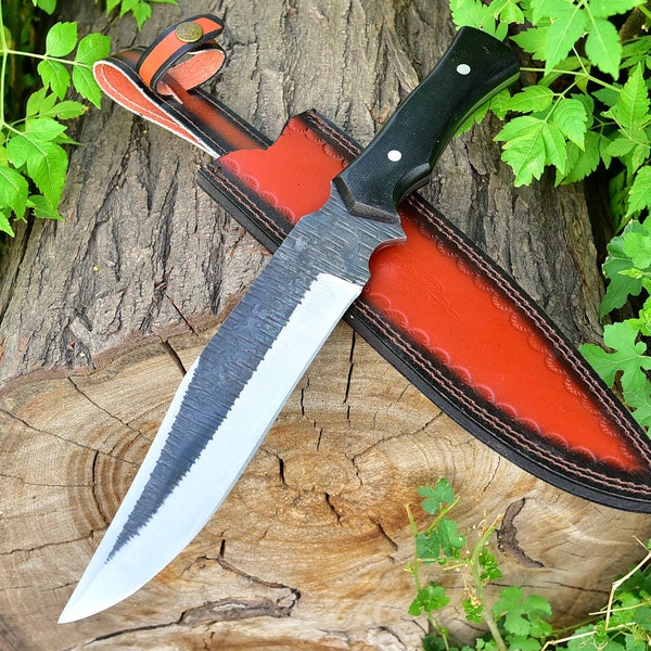 Tennessee Wild Boar Bowie Hunting Knife - Forged Full Tang Outdoor Knife with Hand Tooled Genuine Leather Sheath | Black Micarta Handle