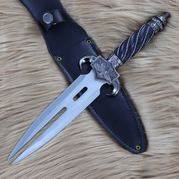 Forked Tongue Replica Decorative Dagger - Split Blade Fantasy Knife - Collectible Sword Stainless Steel Decorative Knife with Leather Sheath
