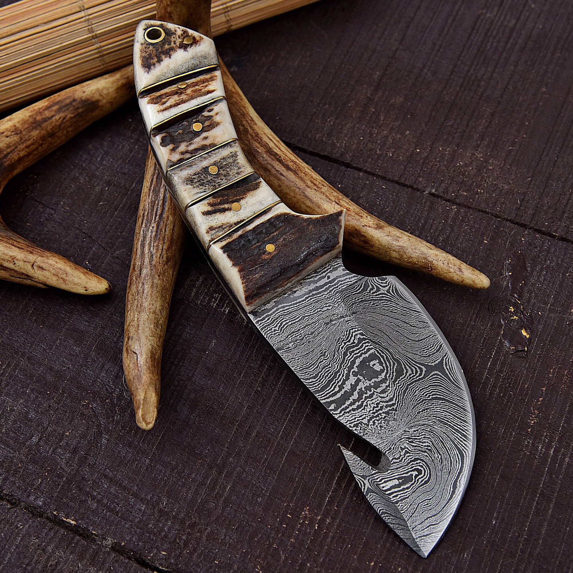 Heritage Damascus Steel Outdoor Knife Full Tang Gut Hook Etsy