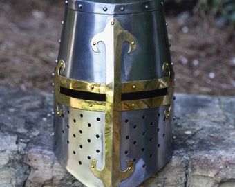 Medieval Crusader Helmet Templar Knight Helmet Silver Finish Brass Design Liner 