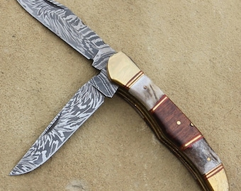 Double Blade Guild Stag Damascus Steel Pocket Knife - Collectible Folding Pocket Knife | Wood & Stag Handle