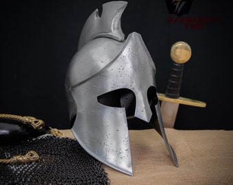 Rage in Courage Handmade 16G Steel Spartan Helmet | Medieval Adjustable Leather Lined Greek Helm w/ Brass Buckle Chin Strap & Steel Crest