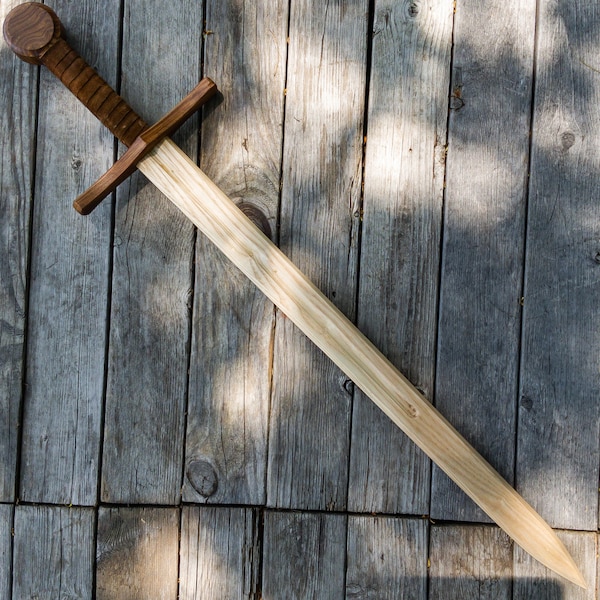 Practice Templar Wooden Sword – Medieval Replica Crusader Knight Steamed Beech Wood Sword - Brown Leather Wrapped Handle