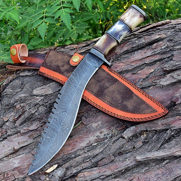 Assured Victory Damascus Steel Kukri Knife - Decorative Hunting Sawback Machete with Leather Sheath | Outdoor Knife | Collectible Replica