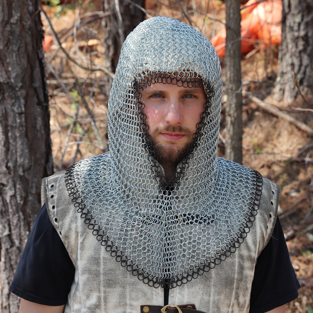 Mythrojan Chainmail Coif Medieval Knight Renaissance Armor Chain Mail Hood Viking LARP 16 Gauge Silver