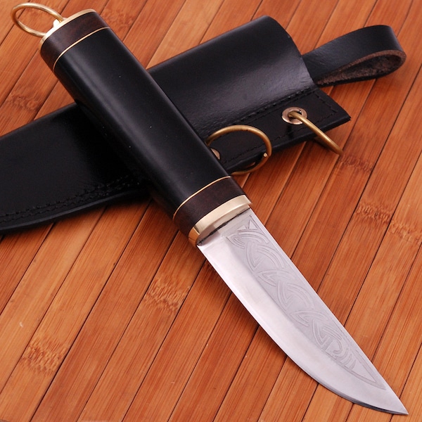 Scandinavian Norwegian Style Outdoor Viking Knife - Collectible Celtic Knife Buffalo Horn Handle with Leather Sheath