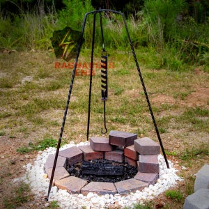 Hand Forged Solid Iron Outdoor Cooking Tripod w/ S-Hook - Medieval Inspired Camping Setup w/ Adjustable Hook Attachment