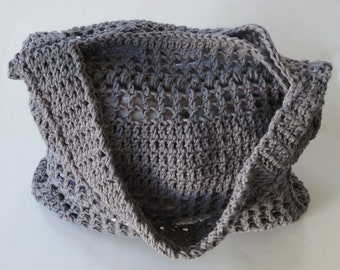 Handmade Crochet Cotton Tote Bag, 16” Gray Shoulder Bag, Washable Purse