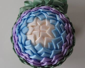 Artichoke Ornament Ball 3.5", Folded Ribbon Ornament, Green Purple Blue White Ornament Sphere, Unique Gift For Friend