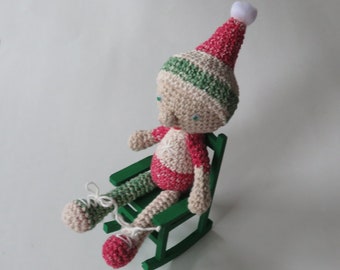 Crocheted Elf Sitting on Green Rocker, 12-inch Elf With Hat, Red and Green Decorative Elf, Christmas Decor For Shelf, Holiday Decor Set