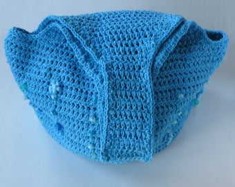 Sky Blue Hobo Bag With Beads, Short Strap Handmade Purse, Crochet Hobo Style Bag, Cotton Beach Tote, Blue Fashion