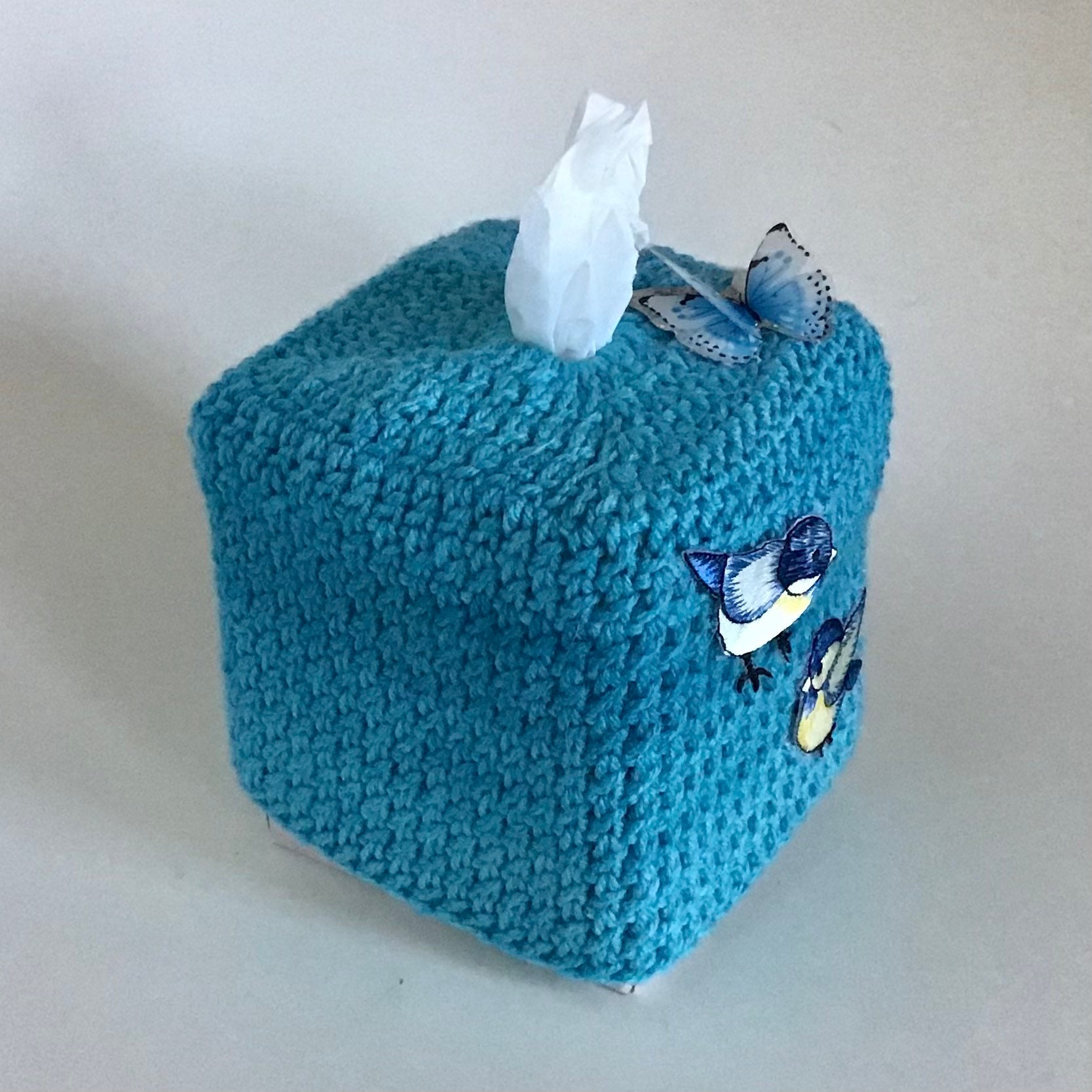 Crocheted Tissue Box Cover, Blue Gradient, Birds and Butterfly Decals ...