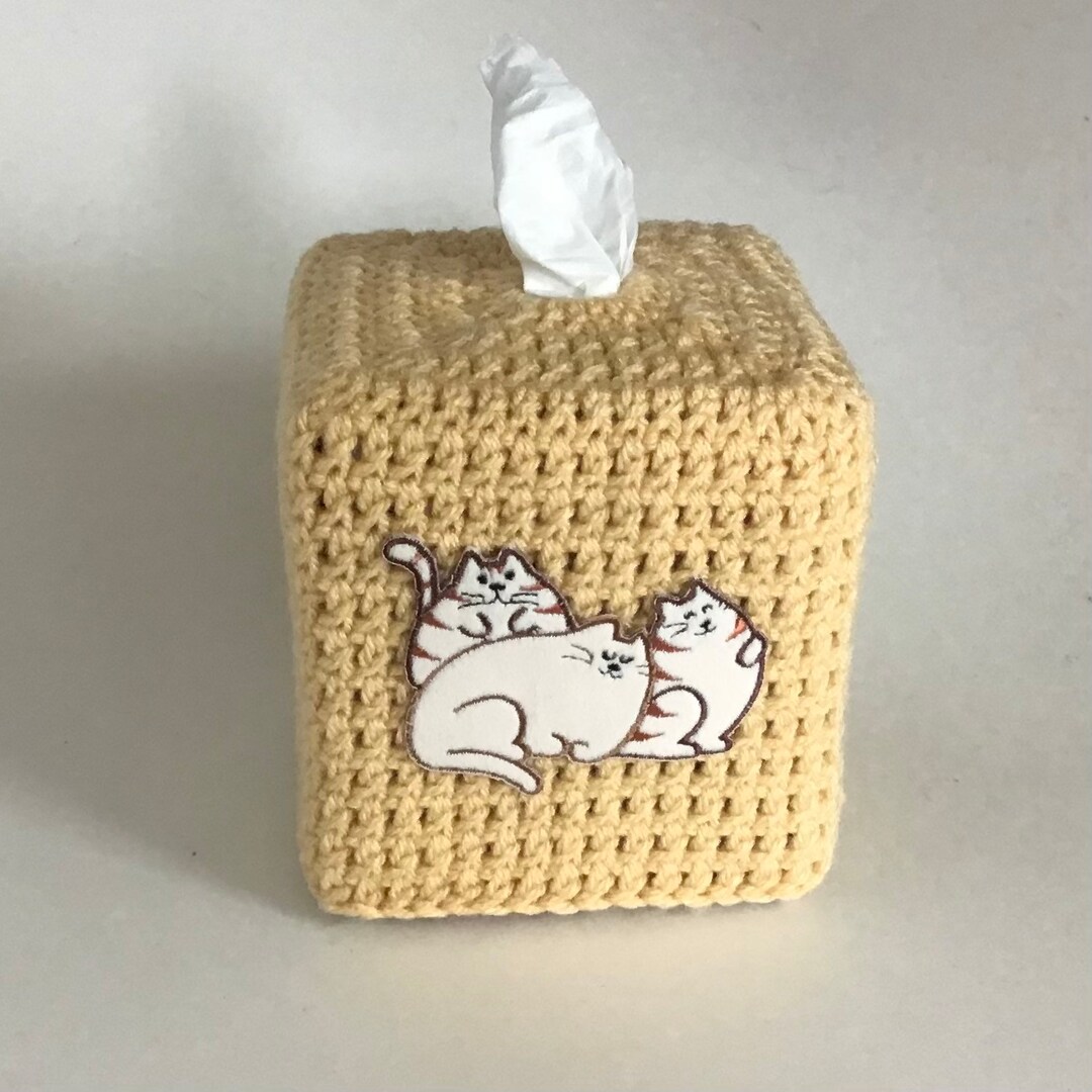 Crocheted Tissue Box Cover, Tan, Three Fat Cats Decal - Etsy