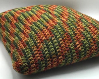 Crocheted Throw Pillow, Brown and Green Variegated Yarn, 14” Square Cushion