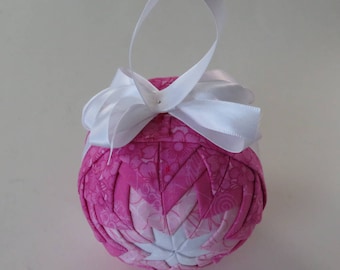 Quilted Ornament Ball, Pink and White Fabric, Handmade Home Decor