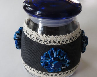 Black Fabric Covered Jar, Centerpiece Jar, Upcycled Jar With Fabric Yoyos, Repurposed Jar, Decorative Jar Candleholder, Rustic Centerpiece