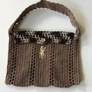 Crocheted Brown iPad or Tablet Holder 9”Wx12”H With Strap, Cat Decal