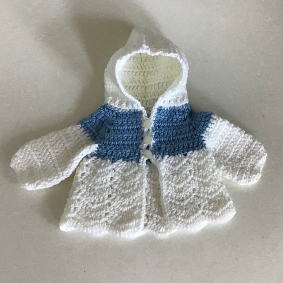 Crocheted White and Blue Baby Sweater Preemie or Doll Baby Sweater Hooded Baby Sweater Baby Cardigan Etsy UK