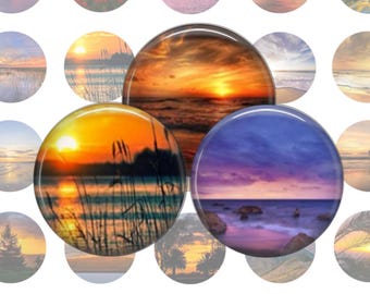 May include: A collection of 16 round, glossy, sunset-themed images. Each image features a different sunset scene with varying colors, including orange, pink, purple, and blue. Some images feature water, while others feature land. The images are perfect for crafting projects, scrapbooking, or adding a touch of nature to your home decor.