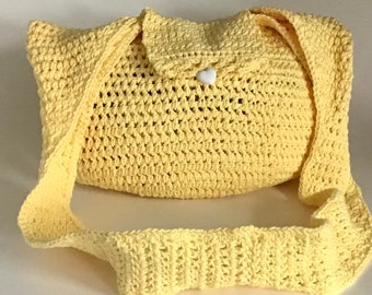 Yellow Hobo Bag With Flap, White Heart Button, Crochet Large Purse, Yellow Tote, Crossbody Purse 31”x16”