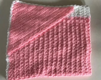 Crochet Hooded Baby Blanket: Pink and White, Handmade Shower Gift