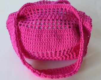 Crochet Take Along Tote With Strap, 15-Inch Hot Pink Handmade Purse, Crocheted Bag, Gift For Her, Pink Fashion