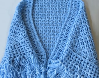 Crocheted Light Blue Shawl With Tassels 60”x36”, Women’s Triangle Wrap, Gift For Her