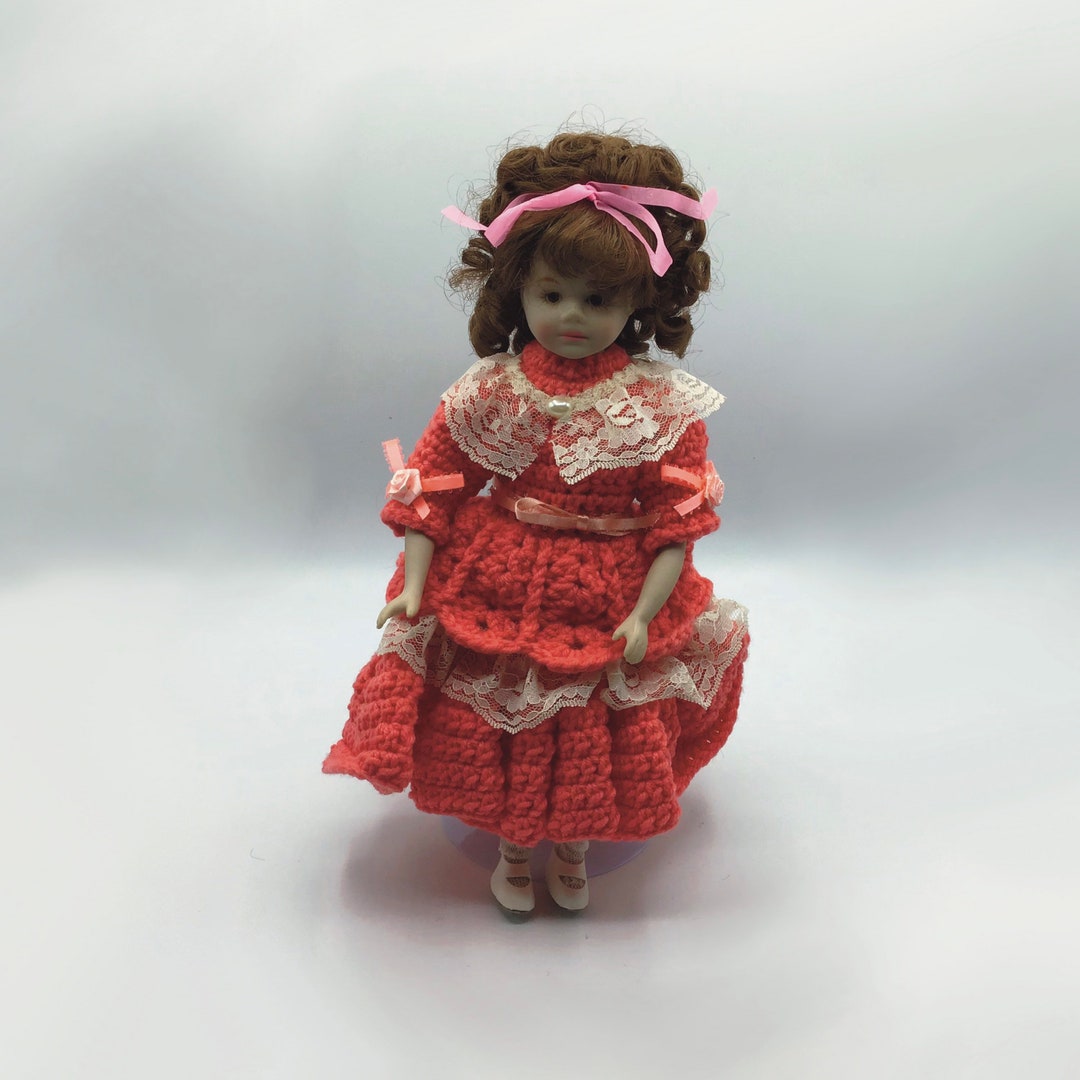 Fibre Craft Porcelain Look Doll With Crocheted Peach Dress, Decorative