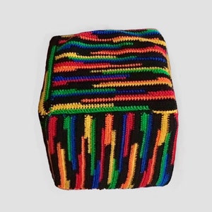 Crocheted Square Ottoman Cover 14.5”x14.5”, Cube-shaped Footstool Cover, Black And Colorful Stripes