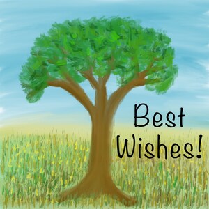 Pintura digital de un árbol, mensaje de buenos deseos, impresión de descarga instantánea, imagen digital para una tarjeta de felicitación