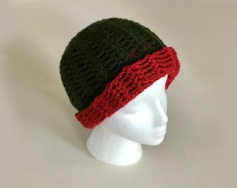 Bonnet réversible au crochet, vert foncé et rouge, lavable, doux, facile d'entretien