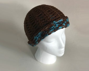 Bonnet réversible au crochet, marron et bleu, lavable, doux, facile d'entretien