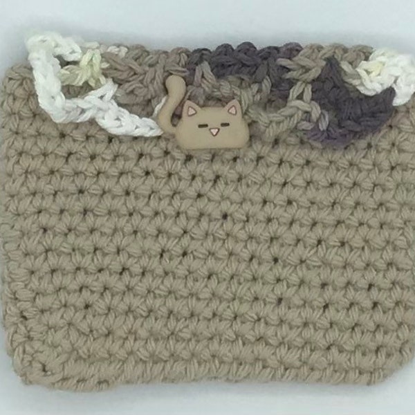 Crocheted Tan Change Purse With Cat Button, Small Coin Pouch 4.5”X3.5”