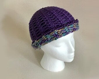 Chapeau bonnet réversible au crochet, violet et multicolore, lavable, doux, facile d’entretien