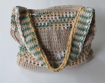 Crochet Take Along Tote, 12-Inch Tan Variegated Purse, Jute Colored Handmade Purse, Beige Crochet Bag, Everyday Handbag, Gift For Her