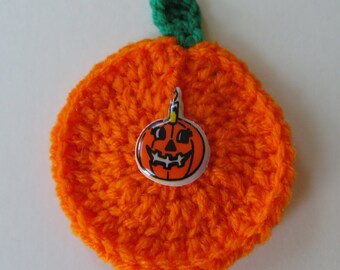 Crocheted Pumpkin Pin With Jack-O-Lantern Decal, 3” Halloween Pin