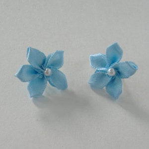 Blue Flower Pierced Earrings With Small White Bead, Gold-Toned Posts Jewelry, Blue Fashion, Gift For Her